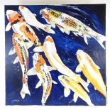 Clive Fredriksson, large oil on canvas, Koi carp, 40" x 40" Good condition