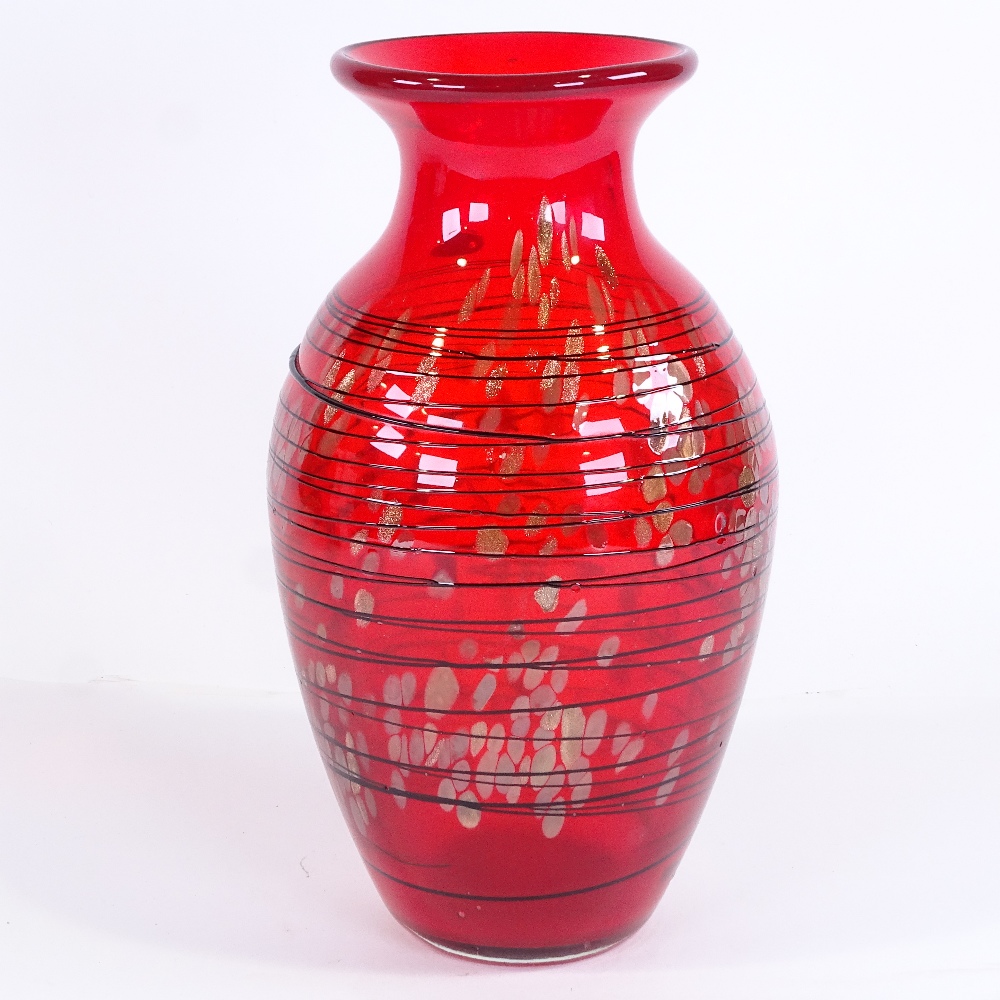 A large Murano red glass vase with black trail decoration, height 33cm Perfect condition - Image 2 of 3