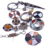 A group of Antique and Vintage Scottish silver and hardstone brooches, including penannular and dirk