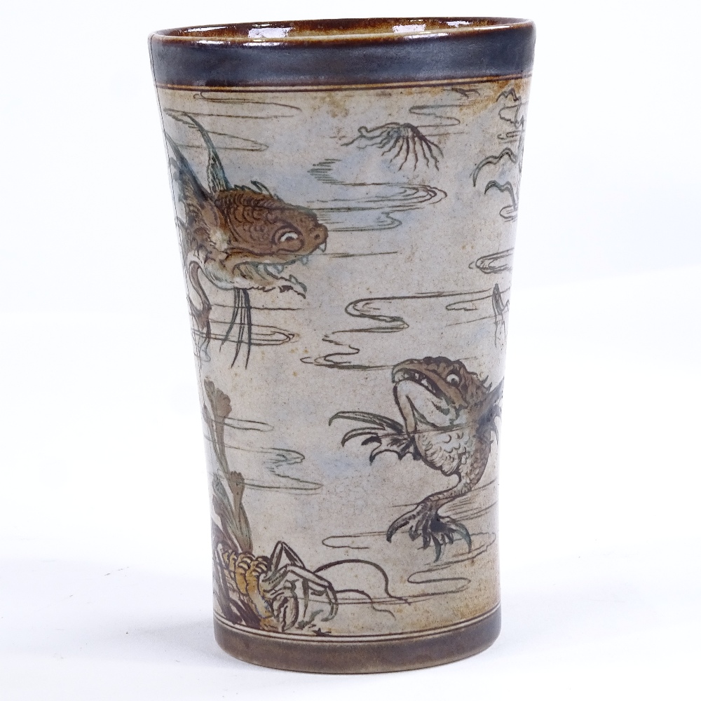 MARTIN BROTHERS - salt glaze stoneware beaker with hand painted and incised caricature fish and