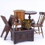 A group of doll's furniture, including a 1930s panelled coffer, width 24cm, 2 tilt-top dining