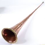 A Victorian copper and brass coaching horn, inscribed Dover Mail with VR cypher, length 131cm