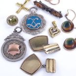 2 pairs of 9ct gold earrings, 2 silver fobs, Victorian silver stone brooch etc Lot sold as seen