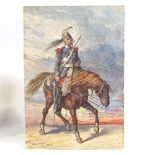 French School, 19th century watercolour, soldier on horseback, indistinctly signed, dated 1871,