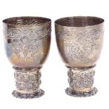 A pair of 19th century German silver double marriage wedding cups, Hanau, cylindrical form with