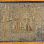 An 18th century silk needlework embroidery, depicting ladies in an orchard, maple frame, overall