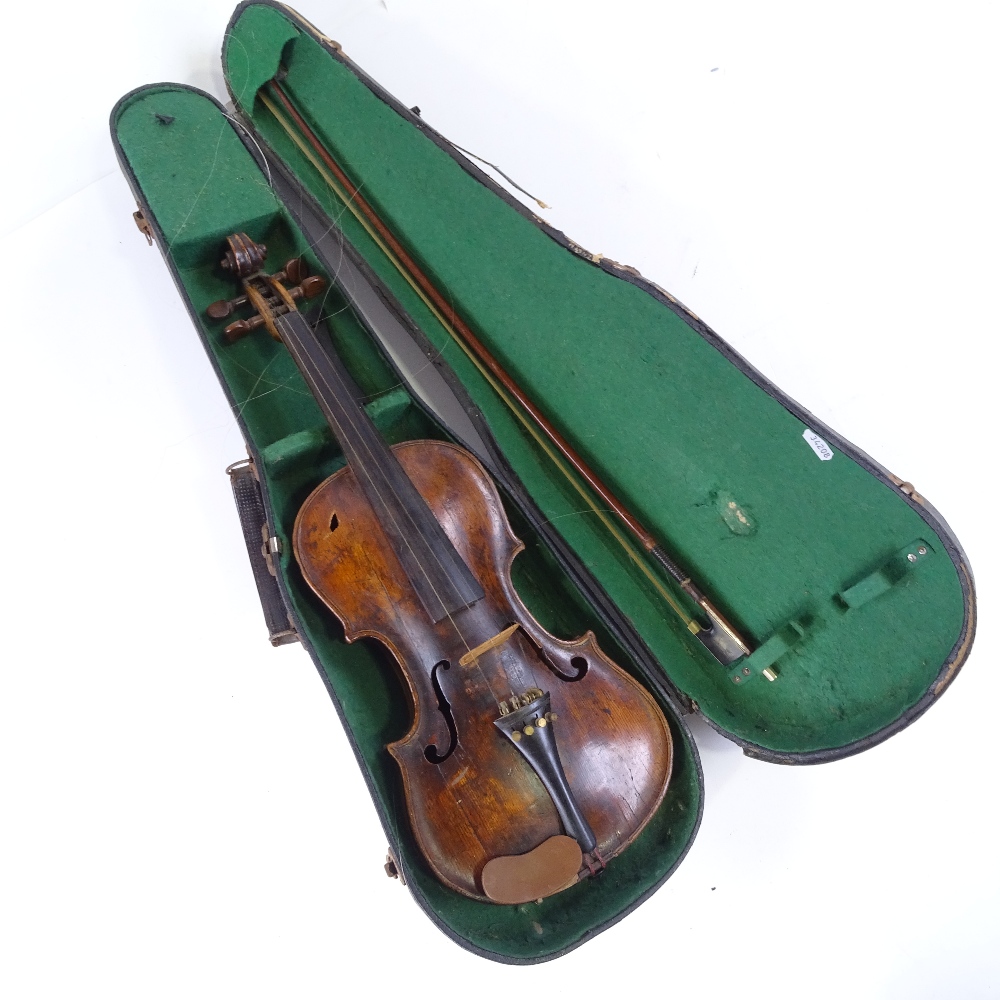 An 18th century violin, indistinct label with date 1703/09?, back length 35cm, with bow and case - Image 15 of 15
