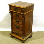 A Victorian walnut narrow chest of 5 drawers, with carved pilasters, width 45cm, height 90cm