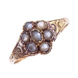 A 19th century 12 1/2ct gold split pearl cluster memorial ring, allover foliate engraved shank