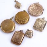 7 unmarked yellow metal pendant lockets, largest diameter 27.3mm, 33.1g total (7) Generally good