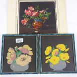 Manner of John Hall Thorpe, pair of colour wood-cut prints, floral still lifes, 7" x 6.5", framed