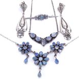 Various Danish stylised silver and cabochon moonstone jewellery, including necklaces, brooch and