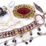 Various jewellery, including pearl necklace with 9ct clasp, cameo pendant, 9ct costume earrings