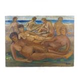 Lorna Dunn, oil on canvas, bathers at the shore, signed, 21" x 29", unframed Good condition