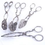 4 pairs of Continental silver pastry tongs, including Swedish and German, 4.6oz total (4 pairs)