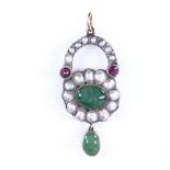 A 19th century unmarked yellow metal cabochon emerald garnet and split pearl padlock pendant, with