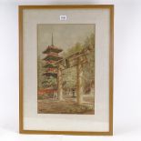 M Kawashugo, watercolour, temple, signed, 20" x 12", framed Slight paper discolouration and a few