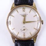 LONGINES - a Vintage 9ct gold mechanical wristwatch, silvered dial with gilt quarterly Arabic