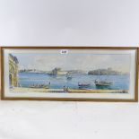 Joseph Galea, watercolour, Grand Harbour Malta, 1955, 7.5" x 23", framed Good condition