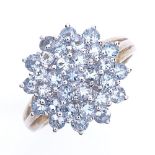 A modern 9ct gold blue topaz cluster ring, setting height 17mm, size V, 3.6g Good original