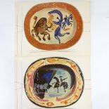Picasso, 2 mixed media prints, circa 1940s, designed for ceramics, sheet size 10.5" x 14.5",