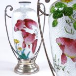 A pair of Japanese cloisonne enamel vases, with Edwardian silver mounts and handles, Koi carp