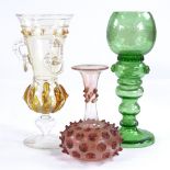 A 19th century Continental coloured glass vase with glass ring handles, height 19cm, an engraved