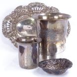 A group of unmarked white metal items, including bon bon dish and beakers, largest dish length 15.