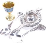 Various silver, including Danish Art Nouveau tea strainer, Viking Revival spoon, egg cup etc Lot