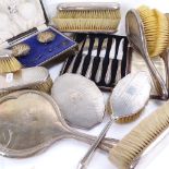 Various silver-backed dressing table items, silver-handled knives, silver salt set etc Sold as