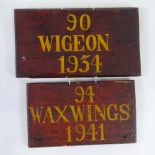 2 Vintage wooden plaques inscribed 90 Wigeon 1930, width 29cm, and 94 Waxwings 1941, width 25cm (2)