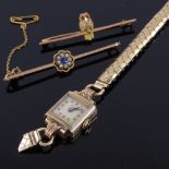 Various gold jewellery, including 9ct owl bar brooch, 9ct sapphire and split pearl bar brooch, and a
