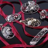 Various Vintage Danish stylised silver jewellery, including pendants, brooches and a ring, makers