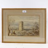 19th century watercolour, Indian landscape with Army encampment, unsigned, 9.5" x 13.5", framed