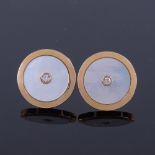 A modern pair of 18ct gold mother-of-pearl and diamond target panel cufflinks, total diamond content