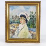 Adrian Cherie, oil on canvas, Parisian girl, signed, 16" x 13", framed Very good condition