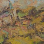 John Carpenter, oil on canvas, abstract, village church Kent, signed, 20" x 30", framed Very good