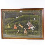 Mughal painting on linen, a tiger hunt, and 2 other Indian/Mughal paintings, framed (3)