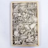 An intricately carved Chinese relief ivory panel, 18th or early 19th century, depicting a dramatic