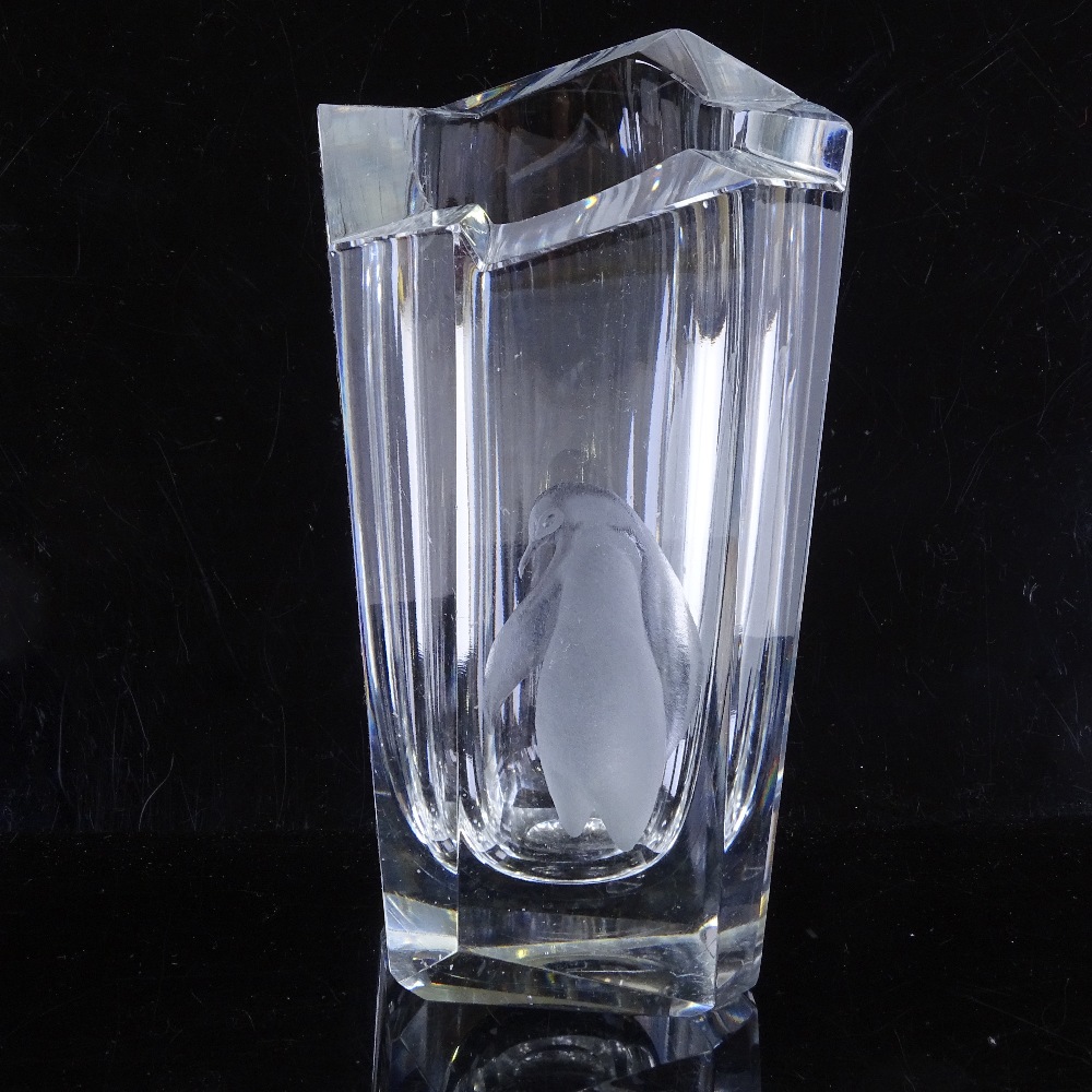 VICKE LINDSTRAND for KOSTA SWEDEN - etched penguins glass vase, 1955, fully signed LG149, height - Image 2 of 3