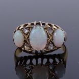 An early 20th century 18ct gold 7-stone cabochon opal and rose-cut diamond half hoop ring, maker's