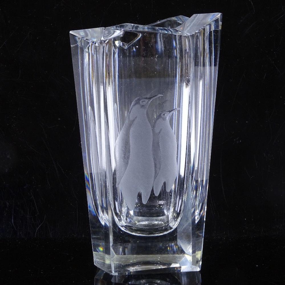 VICKE LINDSTRAND for KOSTA SWEDEN - etched penguins glass vase, 1955, fully signed LG149, height