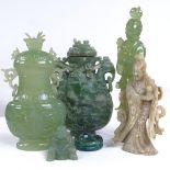 A group of Chinese jade soapstone and hardstone carvings, including 2 pots and covers, height 19cm
