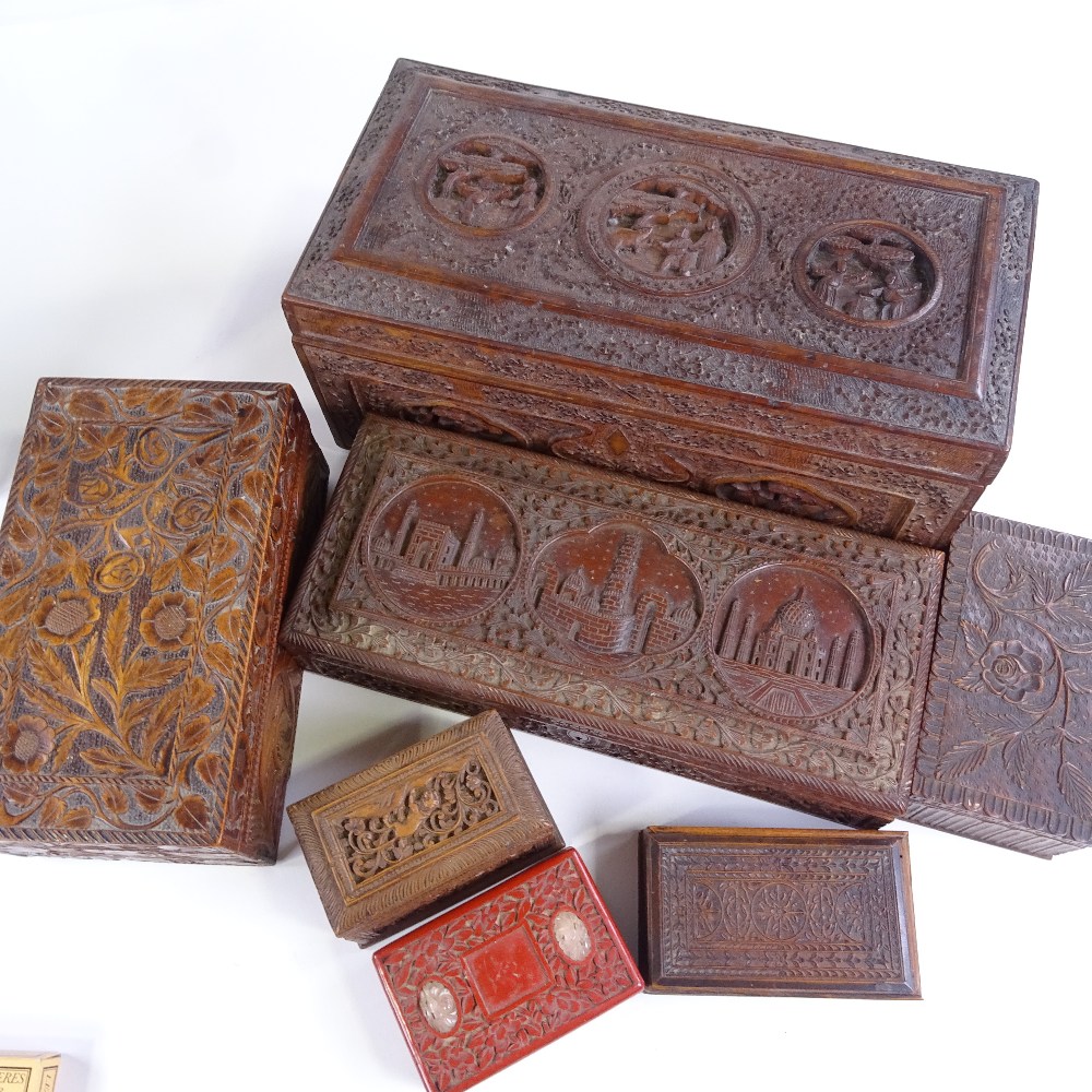 A group of Indian and Chinese relief carved wood boxes, largest width 34cm (7) - Image 2 of 3