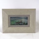 Fred Cuming, oil on board, Hove by moonlight, 1992, Exhibition label verso, 4" x 7.5", framed, ARR
