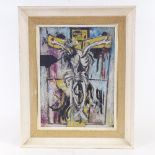 Acrylic on board, crucifixion scene, unsigned, 16" x 12", framed Good condition