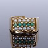 A Continental high carat gold turquoise and pearl triple-row signet ring, setting height 10.2mm,