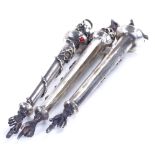 JUDAICA - 3 Russian silver 84 zolotnik standard Torah scroll yad pointers, with various finials