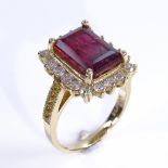 A pink tourmaline diamond and yellow sapphire cluster ring, set with 5.5ct emerald-cut pink