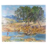 H Pearson, oil on canvas, washing clothes on the riverbank, signed, 25" x 30", framed Good condition